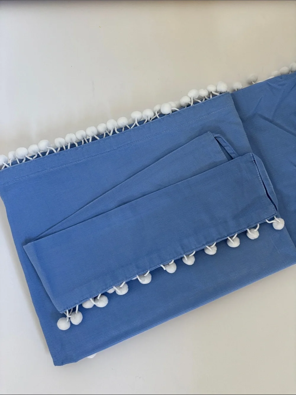 Pottery Barn‎ Teen Muffy Cord Drape 44”x44” Periwinkle Blue Pom Poms w/Tie Back